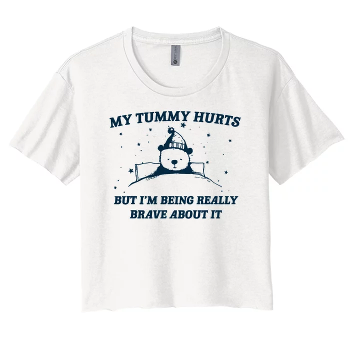 My Tummy Hurts Funny Bear Retro Cartoon Meme Women's Crop Top Tee