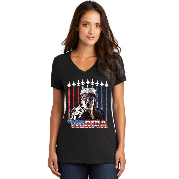 Merica Trump Happy 4th Of July Trump American Flag Women's V-Neck T-Shirt