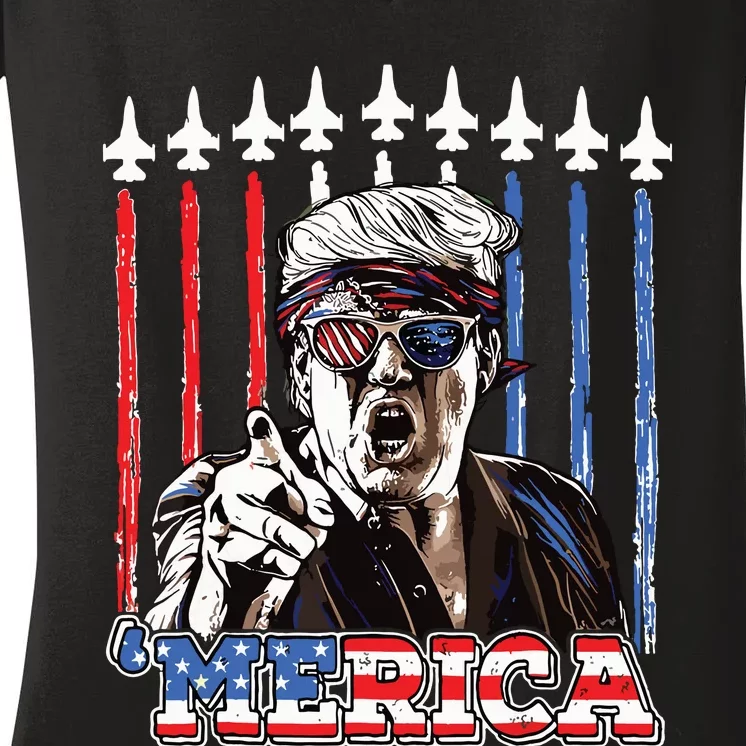 Merica Trump Happy 4th Of July Trump American Flag Women's V-Neck T-Shirt