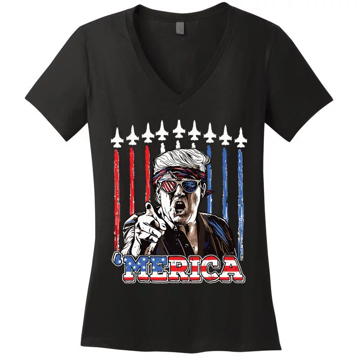 Merica Trump Happy 4th Of July Trump American Flag Women's V-Neck T-Shirt