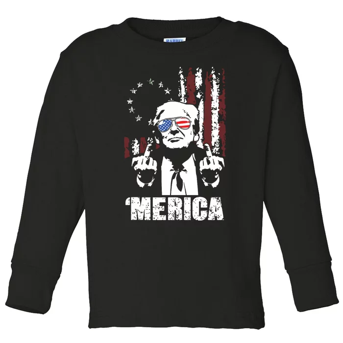 Merica Trump Happy 4th Of July Trump American Flag Toddler Long Sleeve Shirt