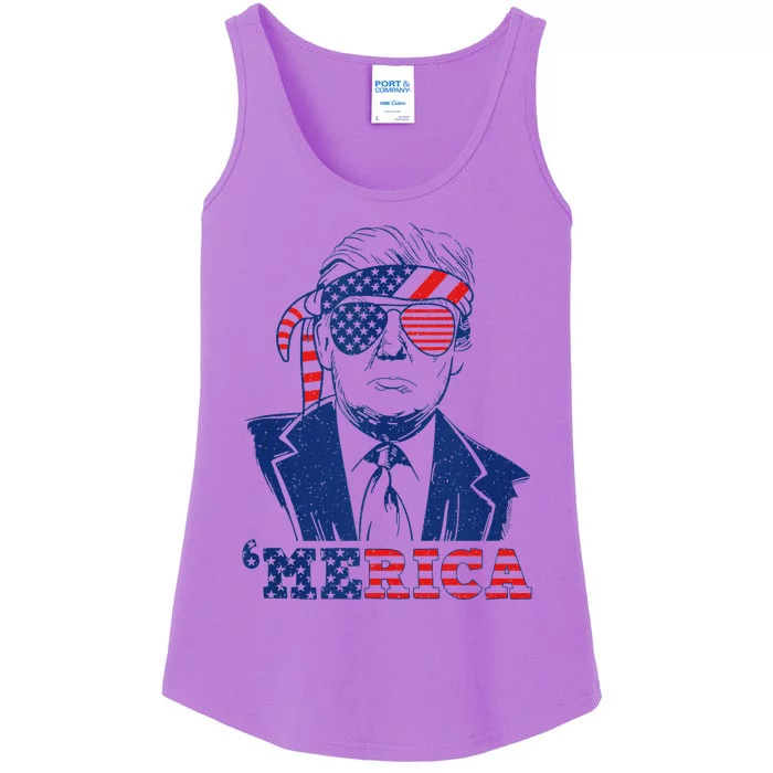 Merica Trump Happy 4th Of July Trump American Flag Funny Tank Top Ladies Essential Tank