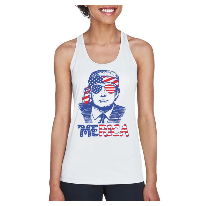 Merica Trump Happy 4th Of July Trump American Flag Women's Racerback Tank