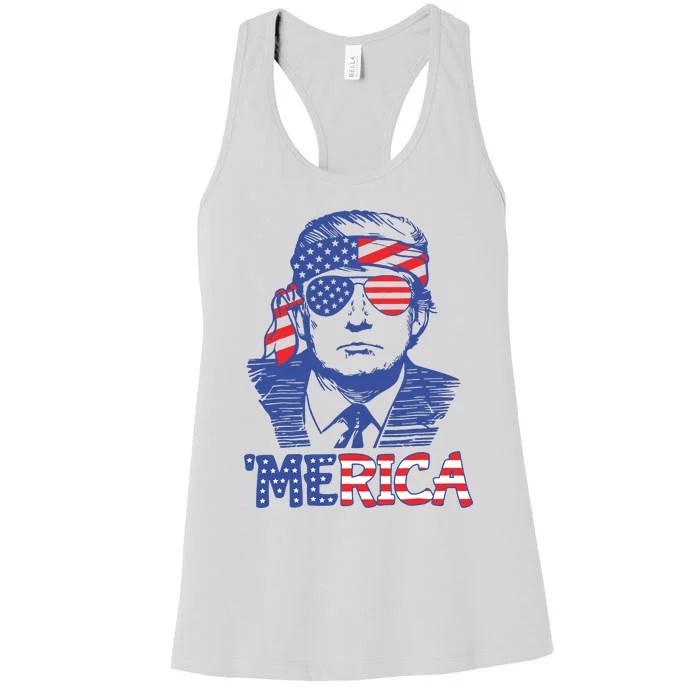 Merica Trump Happy 4th Of July Trump American Flag Women's Racerback Tank