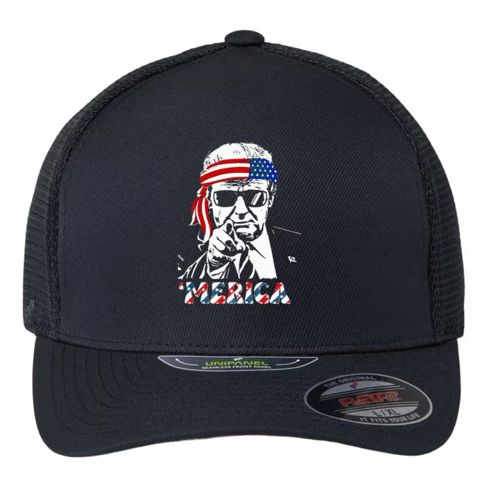 Merica Trump Happy 4th Of July Trump American Flag Flexfit Unipanel Trucker Cap