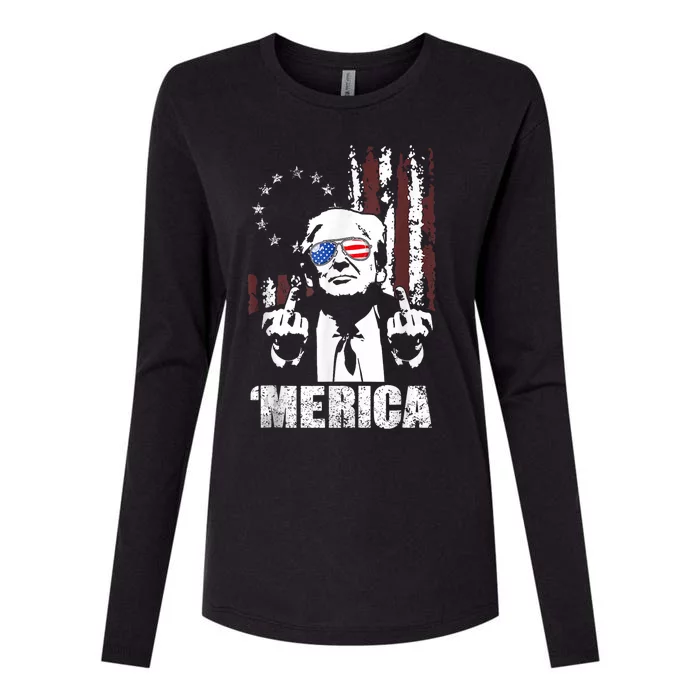 Merica Trump Happy 4th Of July Trump American Flag Womens Cotton Relaxed Long Sleeve T-Shirt