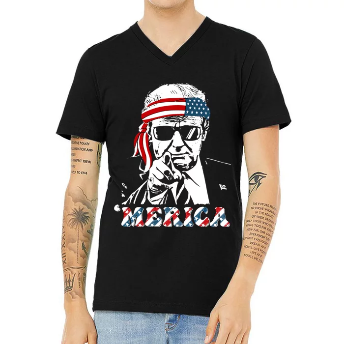 Merica Trump Happy 4th Of July Trump American Flag V-Neck T-Shirt