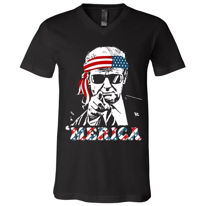 Merica Trump Happy 4th Of July Trump American Flag V-Neck T-Shirt