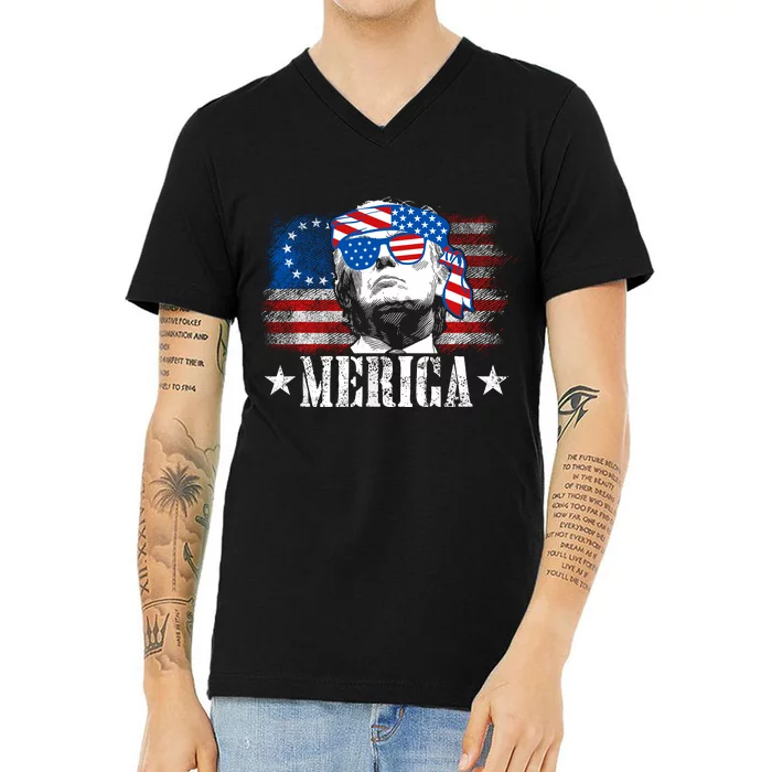 Merica Trump Happy 4th Of July Trump American Flag V-Neck T-Shirt