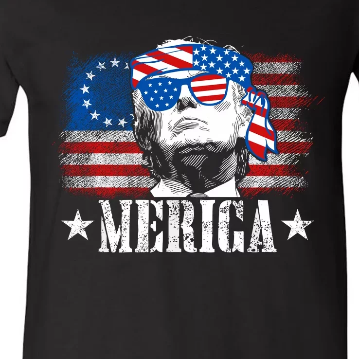 Merica Trump Happy 4th Of July Trump American Flag V-Neck T-Shirt