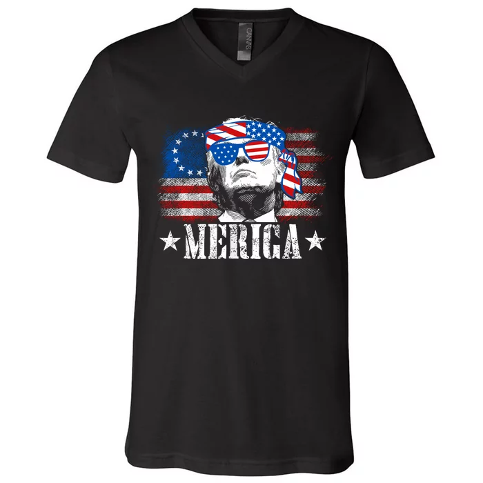 Merica Trump Happy 4th Of July Trump American Flag V-Neck T-Shirt