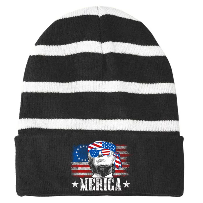 Merica Trump Happy 4th Of July Trump American Flag Striped Beanie with Solid Band