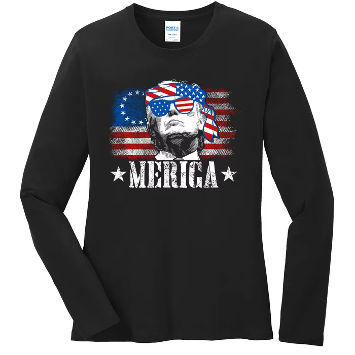 Merica Trump Happy 4th Of July Trump American Flag Ladies Long Sleeve Shirt