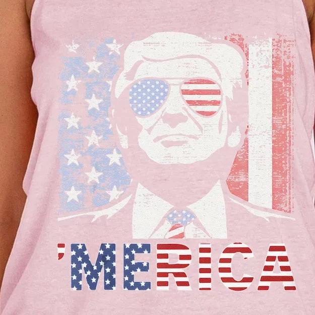 Merica Trump Happy 4th Of July Trump American Flag Women's Knotted Racerback Tank