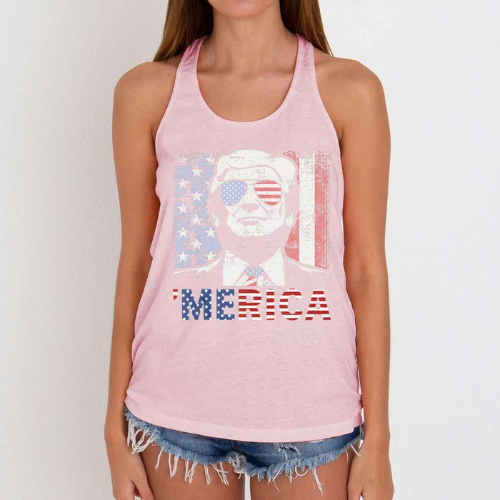 Merica Trump Happy 4th Of July Trump American Flag Women's Knotted Racerback Tank