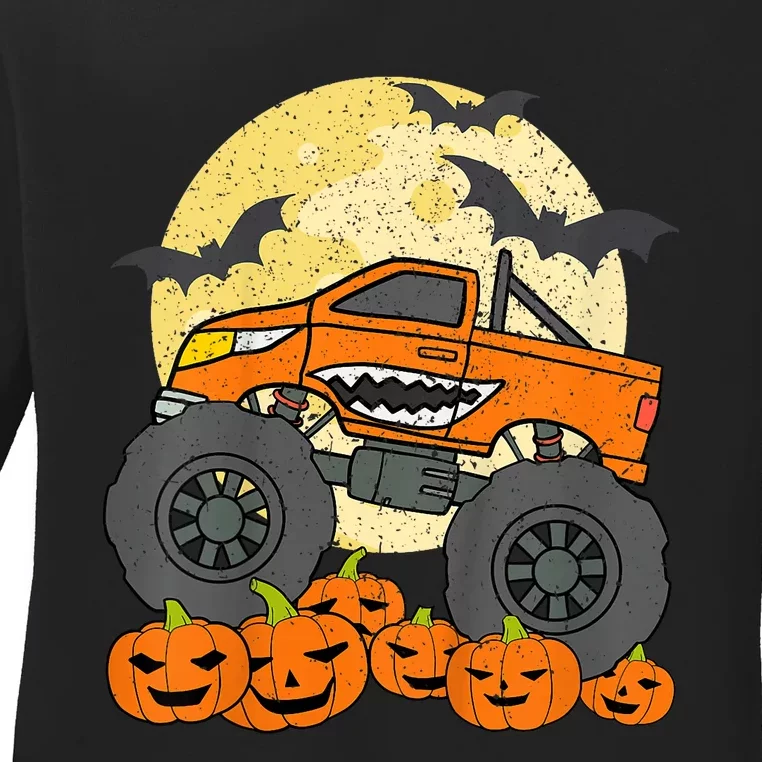 Monster Truck Halloween Jack O Lantern Moon Pumpkin Ladies Long Sleeve Shirt