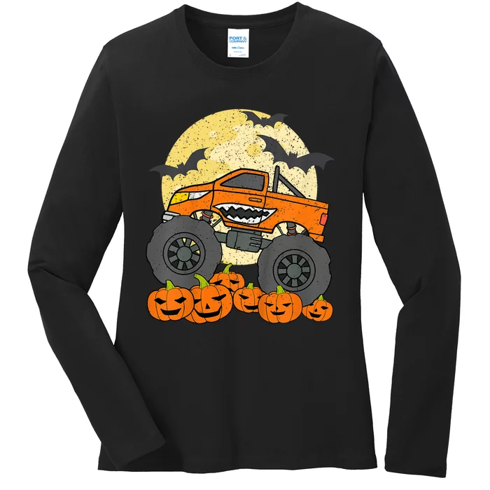 Monster Truck Halloween Jack O Lantern Moon Pumpkin Ladies Long Sleeve Shirt