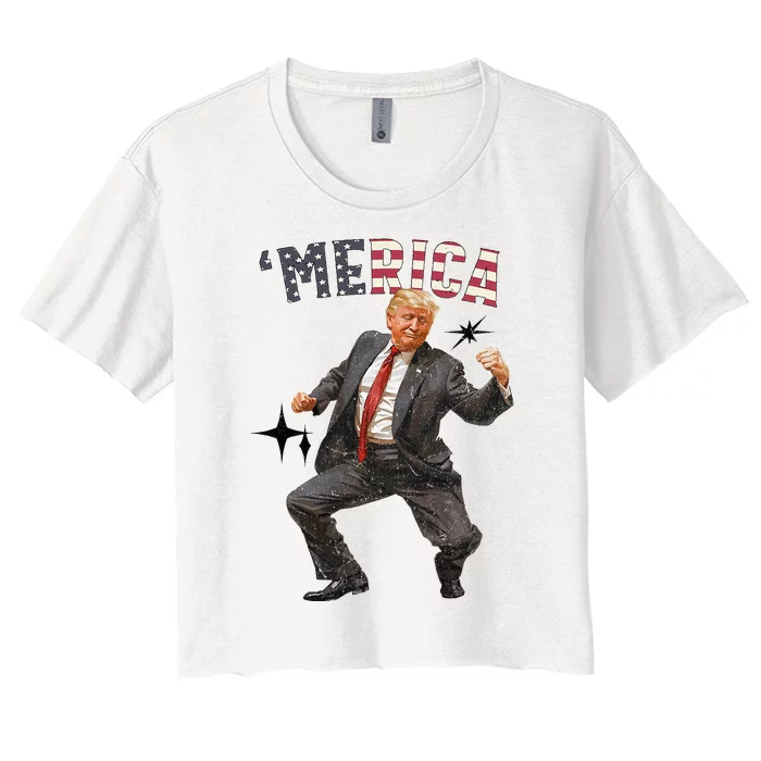 Merica Trump Happy 4th Of July Trump American Flag Women's Crop Top Tee