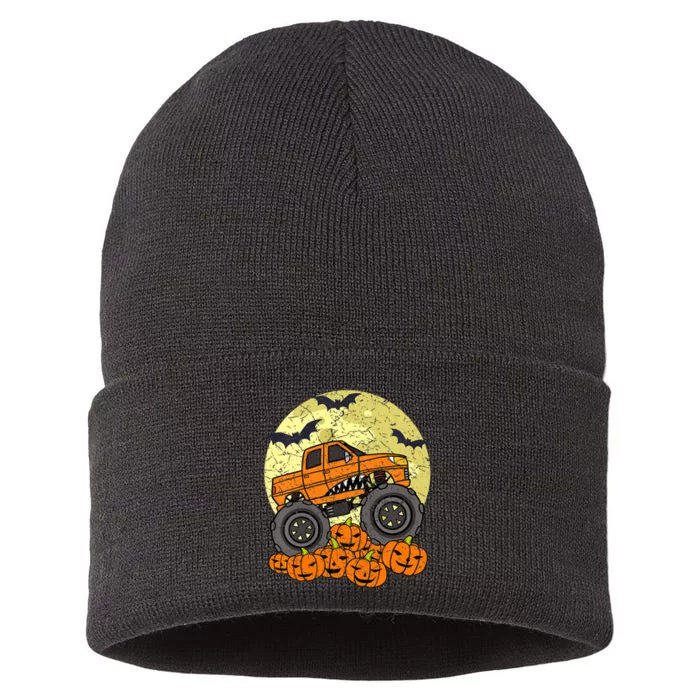 Monster Truck Halloween Jack O Lantern Moon Pumpkin Sustainable Knit Beanie