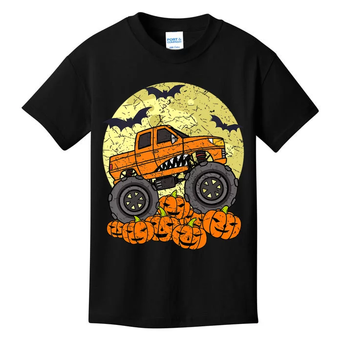 Monster Truck Halloween Jack O Lantern Moon Pumpkin Kids T-Shirt