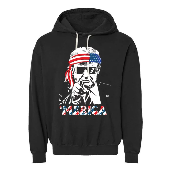 Merica Trump Happy 4th Of July Trump American Flag Garment-Dyed Fleece Hoodie