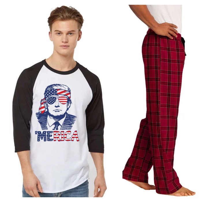 Merica Trump Happy 4th Of July Trump American Flag Raglan Sleeve Pajama Set