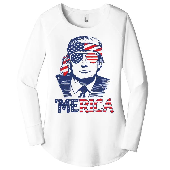 Merica Trump Happy 4th Of July Trump American Flag Women's Perfect Tri Tunic Long Sleeve Shirt