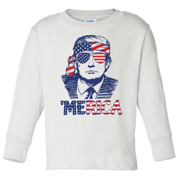 Merica Trump Happy 4th Of July Trump American Flag Toddler Long Sleeve Shirt