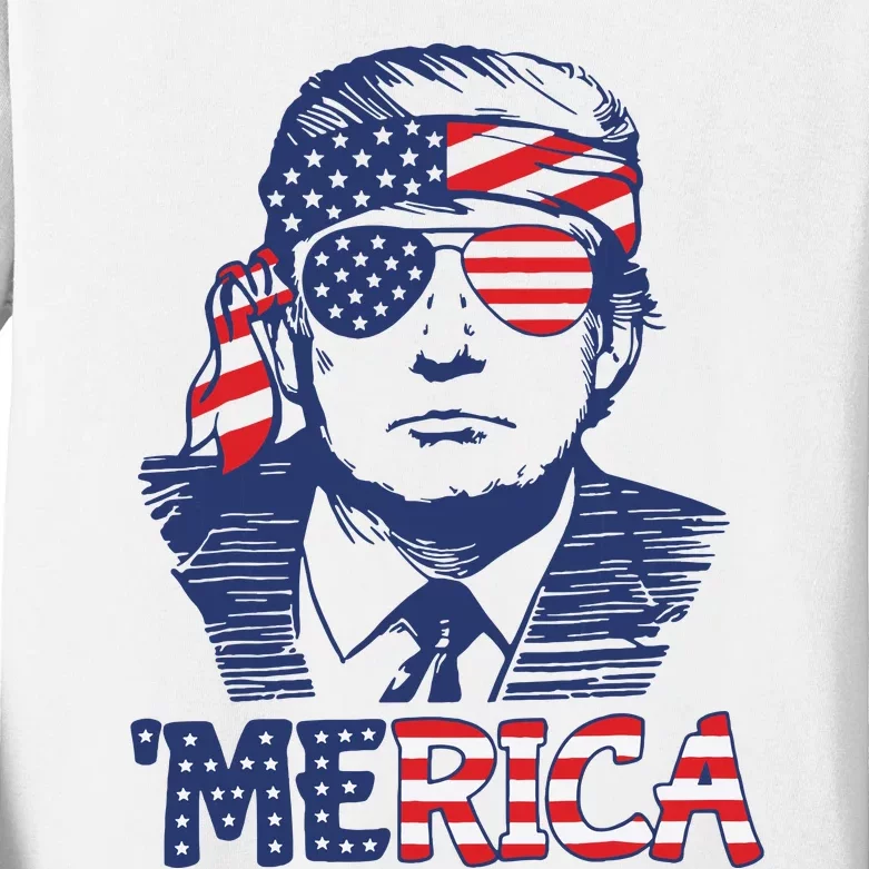 Merica Trump Happy 4th Of July Trump American Flag Kids Long Sleeve Shirt