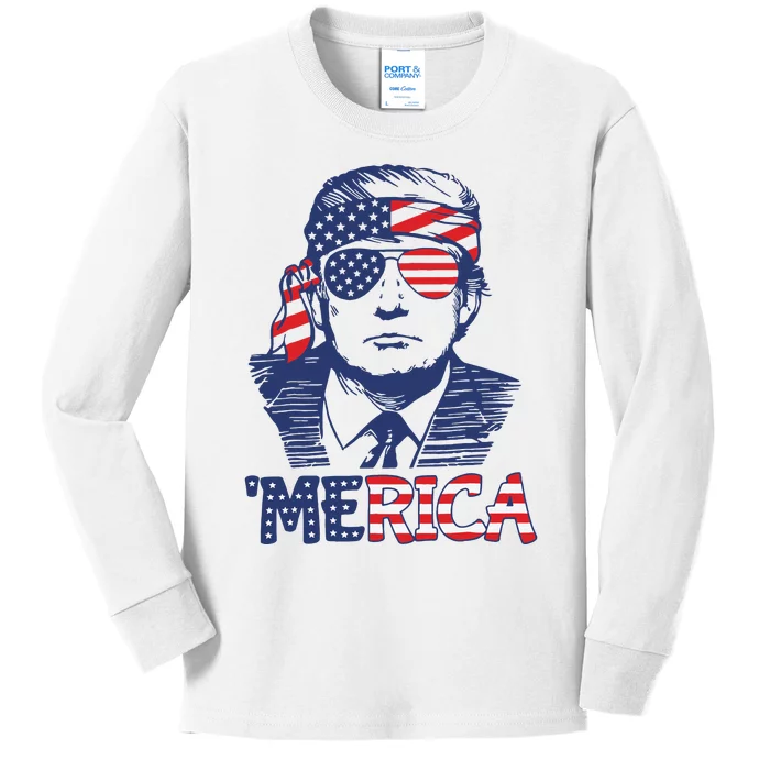 Merica Trump Happy 4th Of July Trump American Flag Kids Long Sleeve Shirt