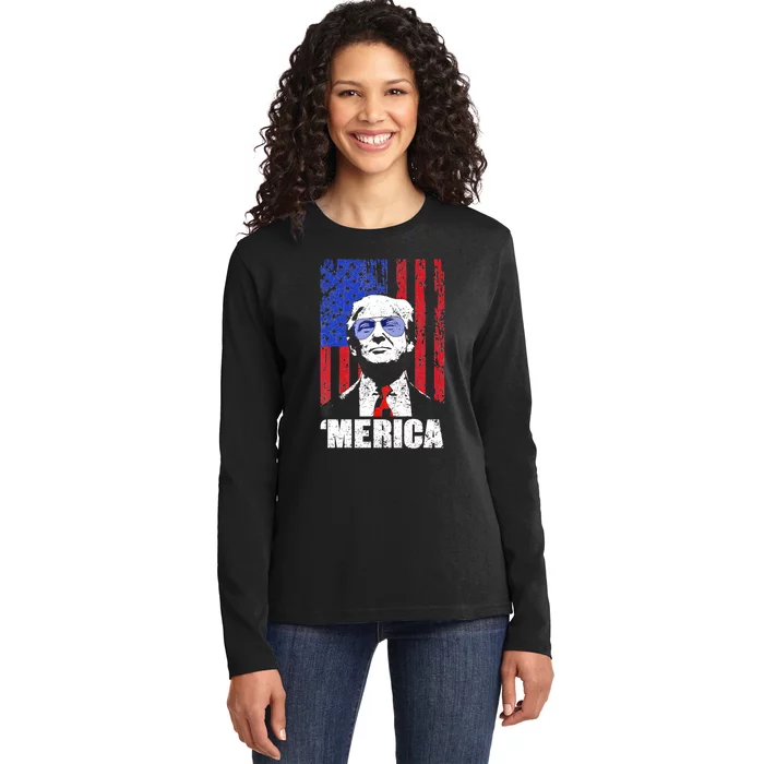 Merica Trump Happy 4th Of July Trump American Flag Gifts Ladies Long Sleeve Shirt