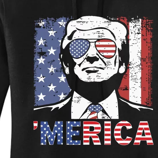 Merica Trump Happy 4th Of July Trump American Flag Women's Pullover Hoodie