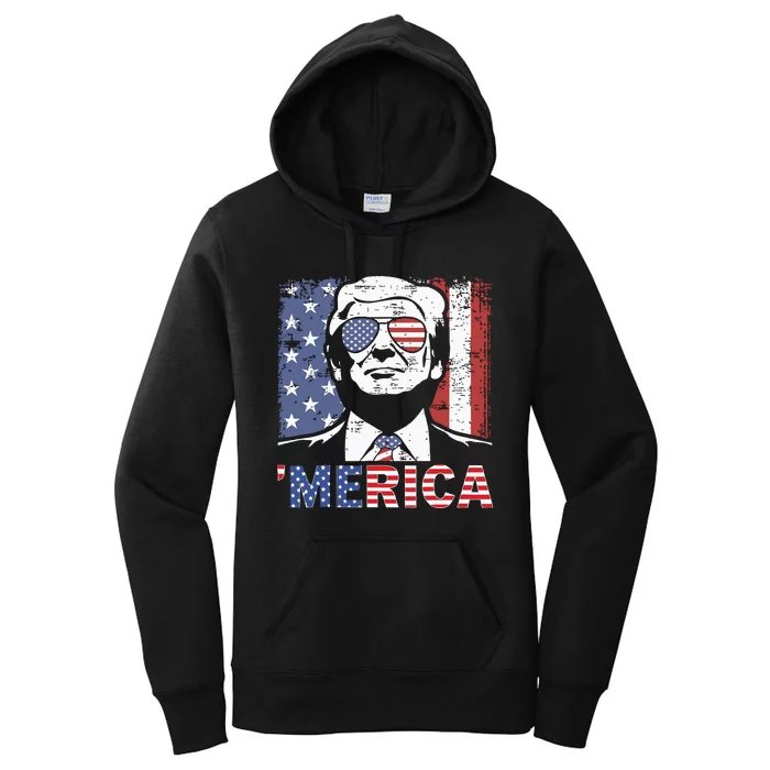 Merica Trump Happy 4th Of July Trump American Flag Women's Pullover Hoodie