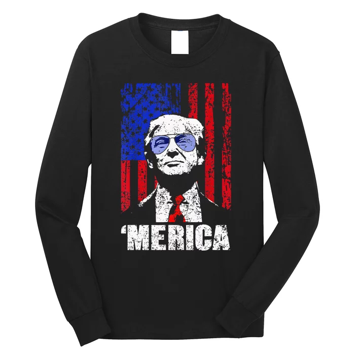 Merica Trump Happy 4th Of July Trump American Flag Long Sleeve Shirt