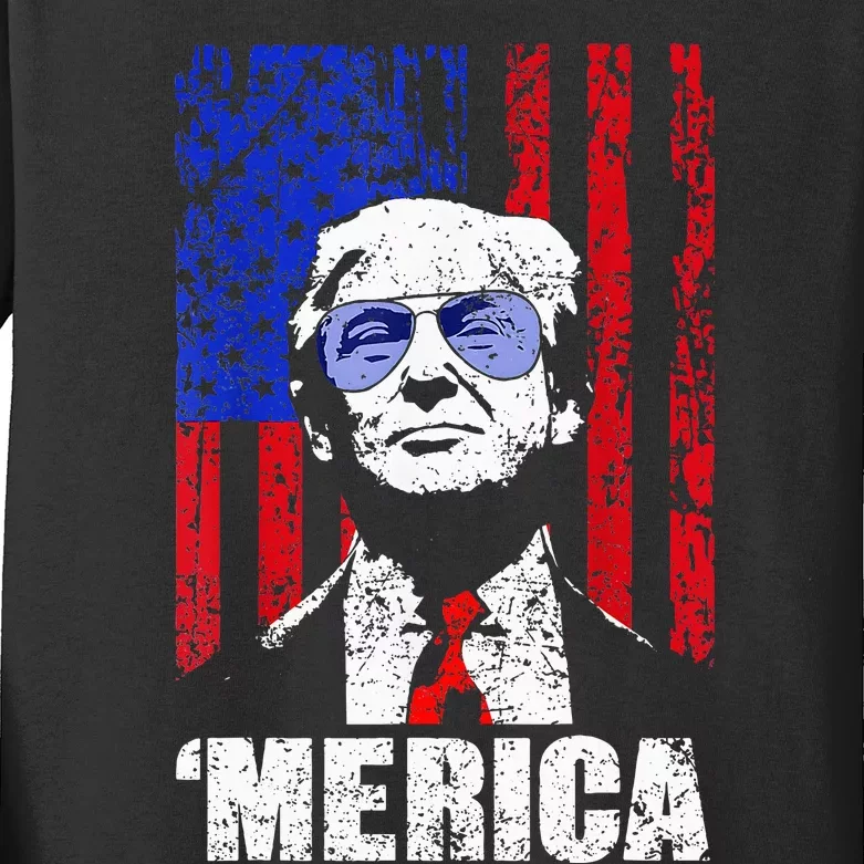 Merica Trump Happy 4th Of July Trump American Flag Kids Long Sleeve Shirt