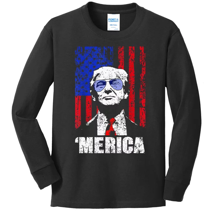 Merica Trump Happy 4th Of July Trump American Flag Kids Long Sleeve Shirt