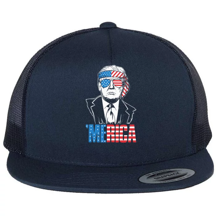 Merica Trump Happy 4th Of July Trump American Flag Flat Bill Trucker Hat