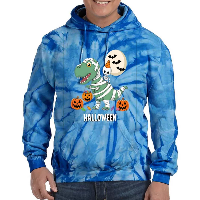 Mummy Trex Halloween Cute Dinosaur With Skeleton Friend Gift Tie Dye Hoodie