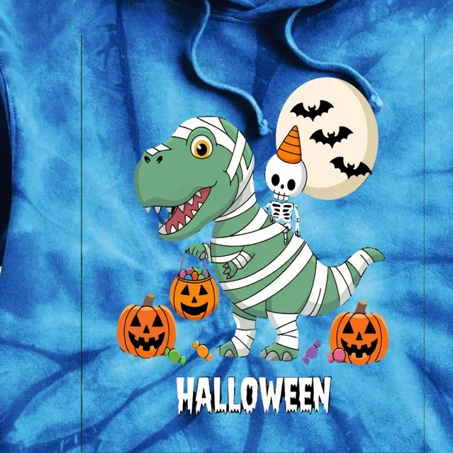 Mummy Trex Halloween Cute Dinosaur With Skeleton Friend Gift Tie Dye Hoodie