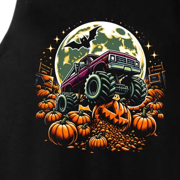 Monster Truck Halloween Jack O Lantern Moon Pumpkin Ladies Tri-Blend Wicking Tank