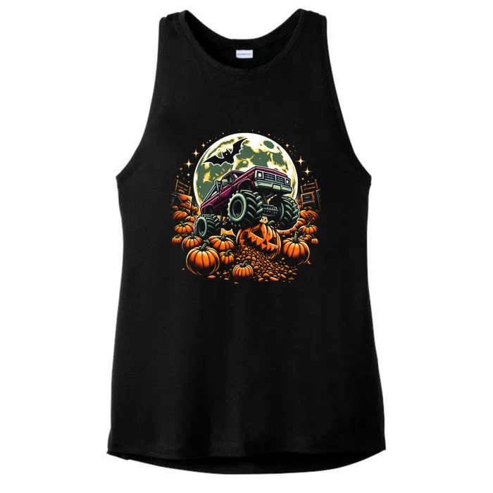 Monster Truck Halloween Jack O Lantern Moon Pumpkin Ladies Tri-Blend Wicking Tank