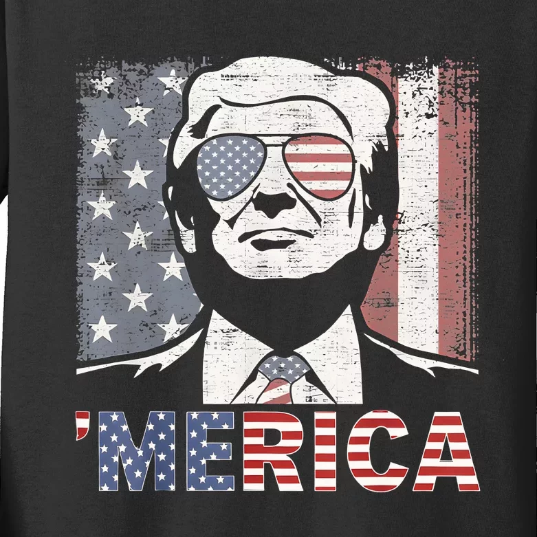 Merica Trump Happy 4th Of July Trump American Flag Kids Long Sleeve Shirt