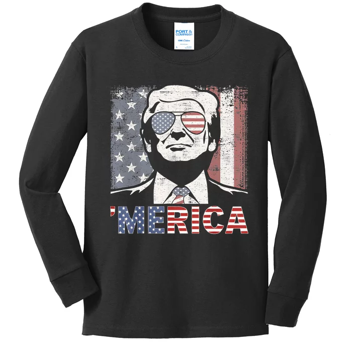 Merica Trump Happy 4th Of July Trump American Flag Kids Long Sleeve Shirt