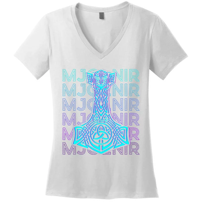 Mjolnir Thor Hammer Norse Mythology Retro Women's V-Neck T-Shirt