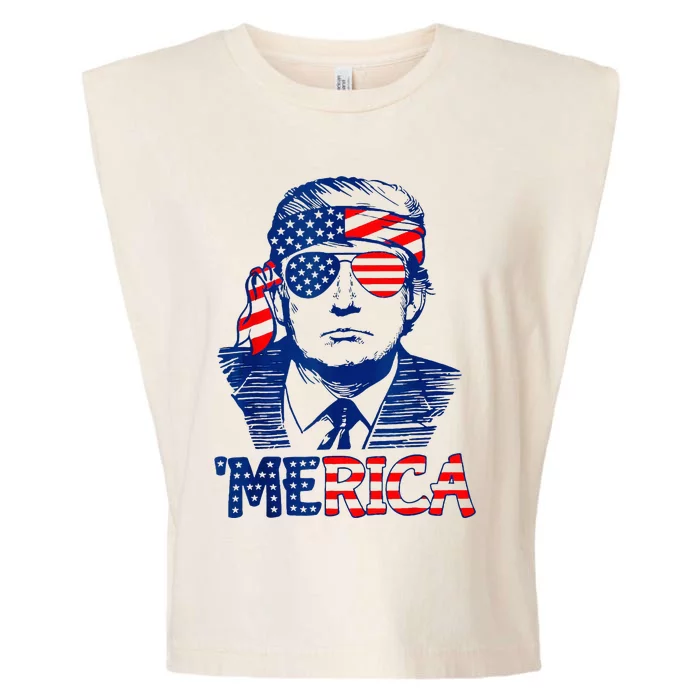 Merica Trump Happy 4th Of July Trump American Flag Fun Garment-Dyed Women's Muscle Tee