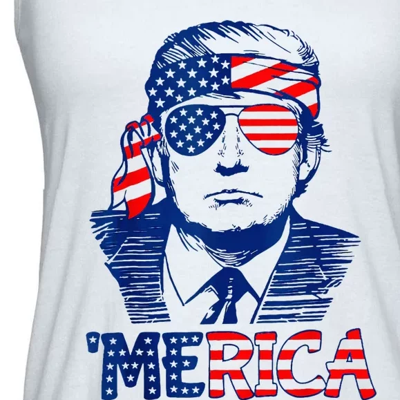 Merica Trump Happy 4th Of July Trump American Flag Fun Ladies Essential Flowy Tank