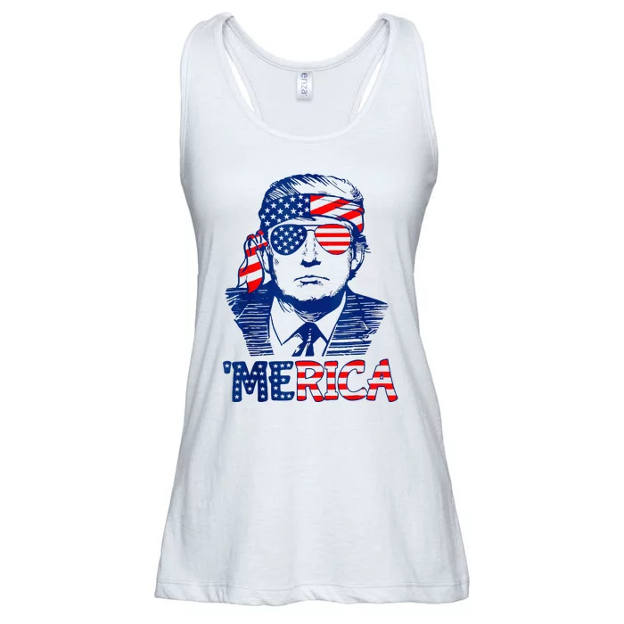 Merica Trump Happy 4th Of July Trump American Flag Fun Ladies Essential Flowy Tank