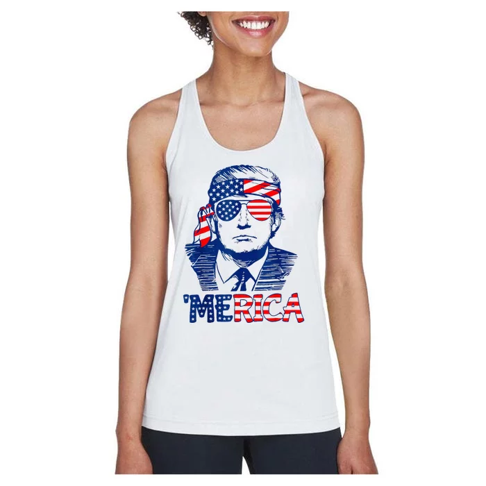 Merica Trump Happy 4th Of July Trump American Flag Fun Women's Racerback Tank