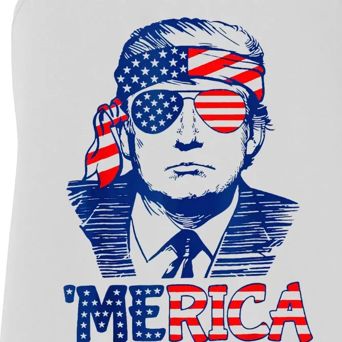 Merica Trump Happy 4th Of July Trump American Flag Fun Women's Racerback Tank