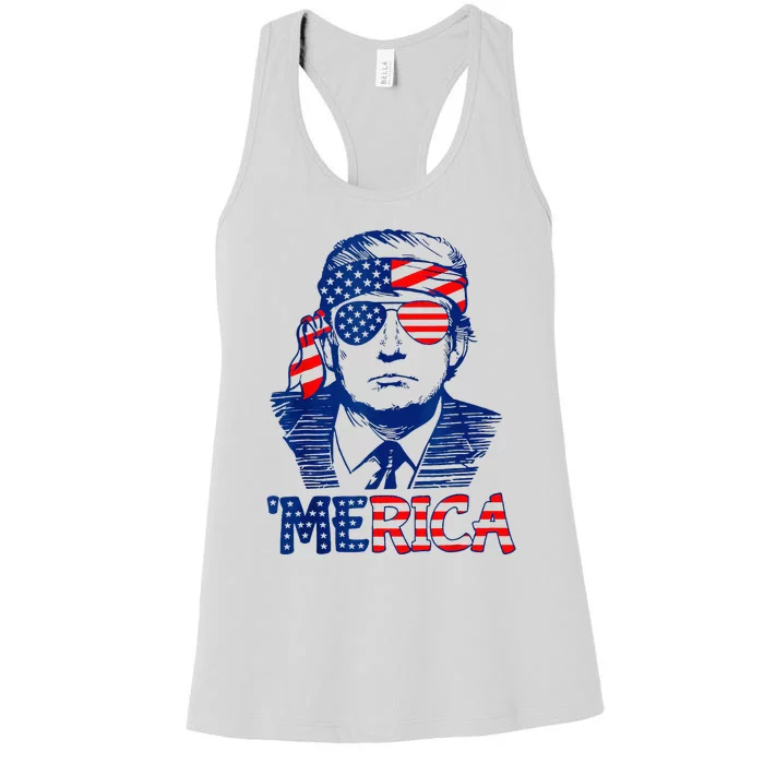 Merica Trump Happy 4th Of July Trump American Flag Fun Women's Racerback Tank